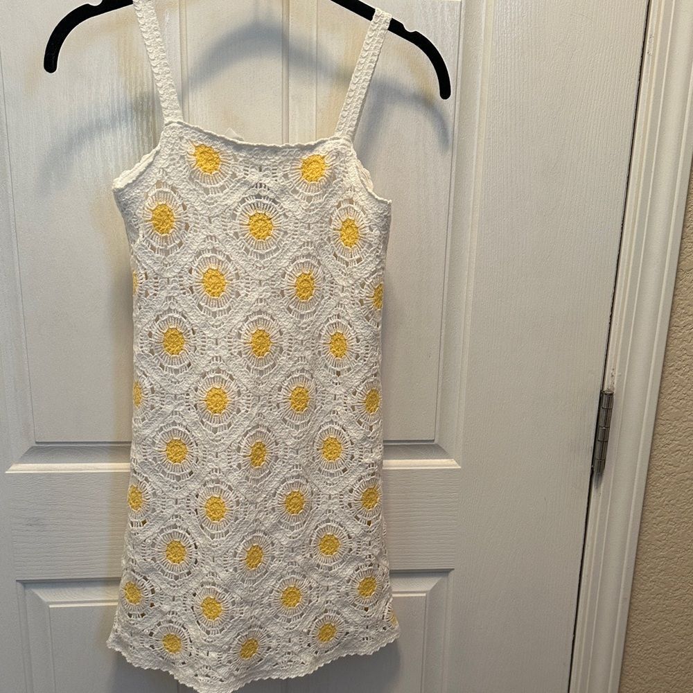 Super Cute Haute Hippie Girls White & Yellow Crochet Dress Fully Lined Size 12